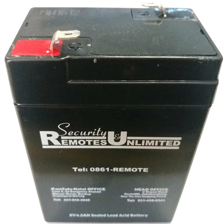 Black 6V 4.5Ah sealed lead-acid battery by Security & Remotes UNLIMITED, showing metal terminals.