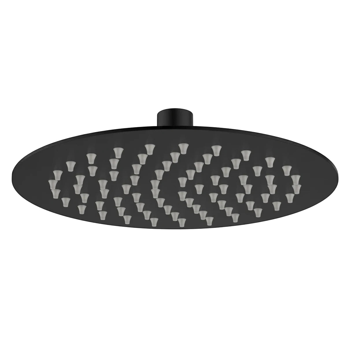 Black 8-inch round stainless steel shower rose with multiple nozzles, viewed from a slightly below, straight-on angle.