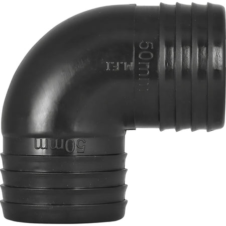 Black 90-degree 50mm irrigation elbow made of durable plastic, designed for connecting hoses in watering systems.