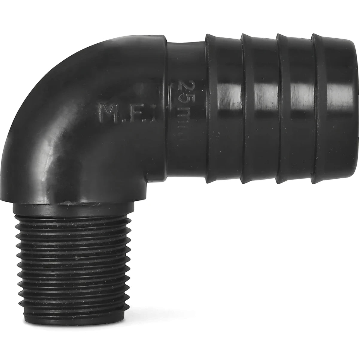 Black 90-degree irrigation reducing male elbow, 25mm x 15mm, for hose connections and piping systems.
