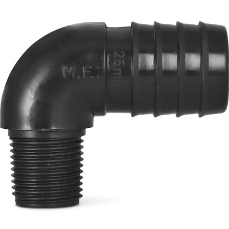 Black 90-degree irrigation reducing male elbow, 25mm x 15mm, for hose connections and piping systems.