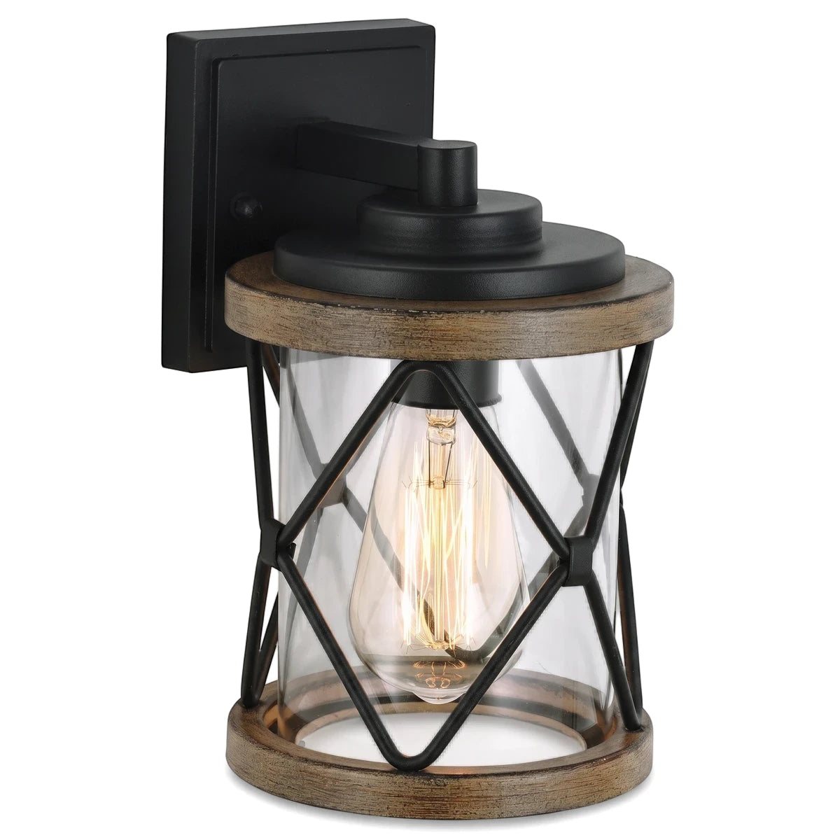 Black aluminum and wood-look exterior wall light with clear glass cylinder and criss-cross cage, featuring an Edison bulb.