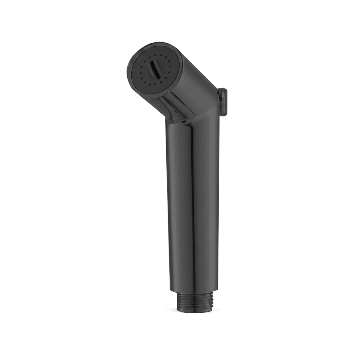 Black bidet sprayer with an angled head, multiple spray holes, a central lever, and a threaded connection at the base.
