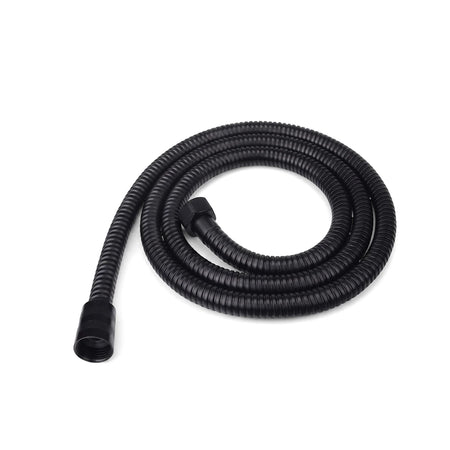 Black Blu Motion 1.5M corrugated shower hose, coiled in a circular shape, with threaded connectors visible at each end,