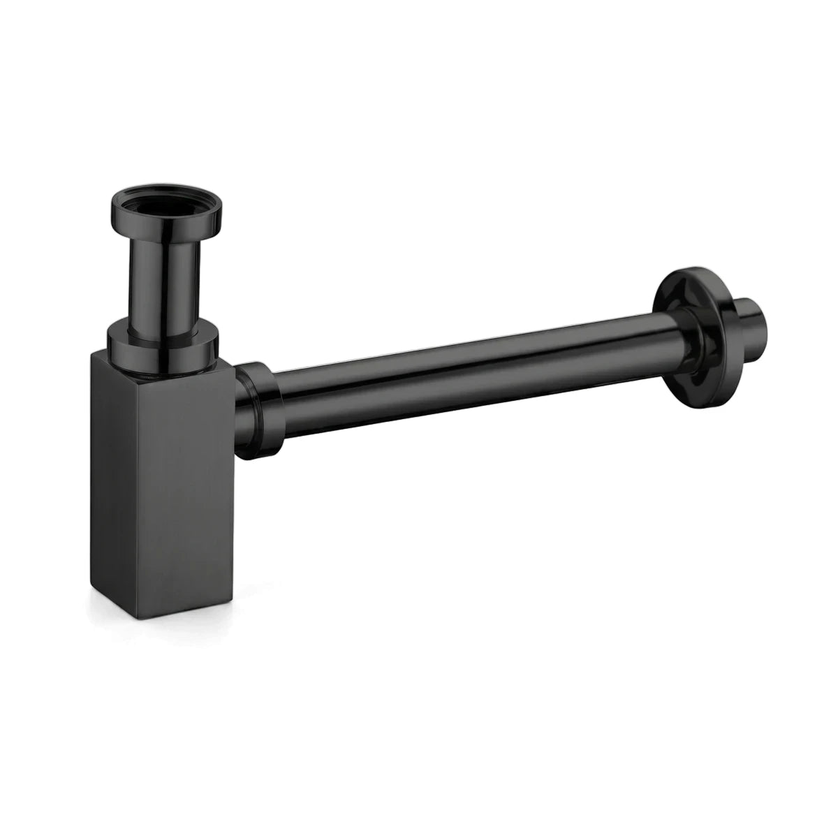 Black Bottle Trap Economic Shower Parts in a side view, featuring a square-shaped body and a cylindrical connection.
