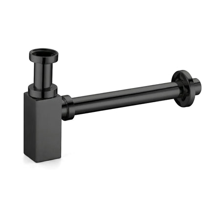 Black Bottle Trap Economic Shower Parts in a side view, featuring a square-shaped body and a cylindrical connection.