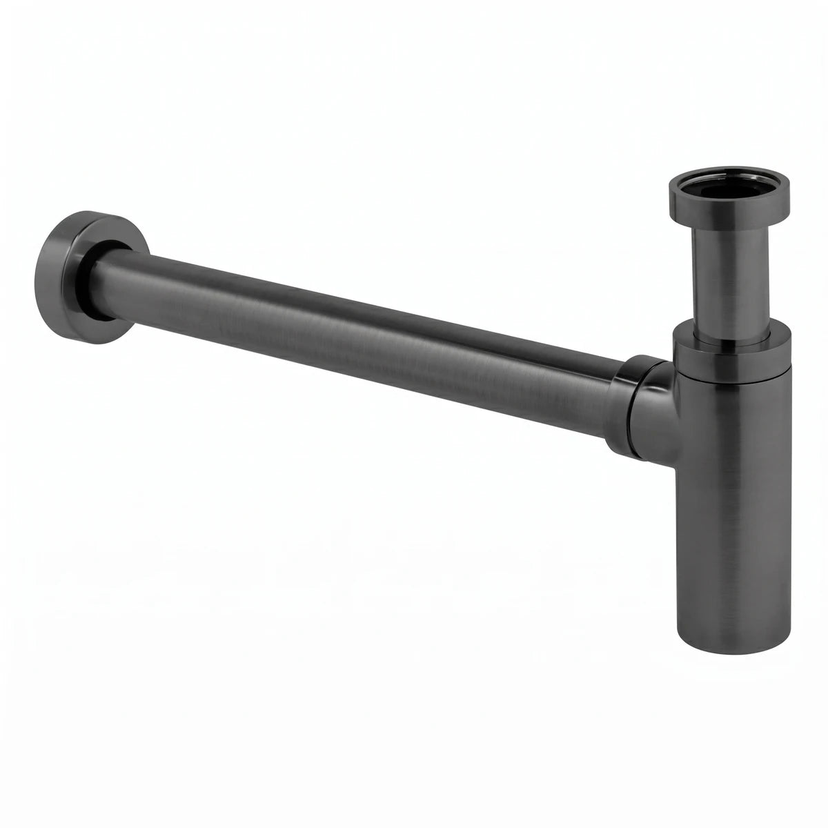Black bottle trap with a round, dark metallic finish for shower and sink plumbing, wall-mounted with a P-trap design.