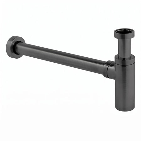 Black bottle trap with a round, dark metallic finish for shower and sink plumbing, wall-mounted with a P-trap design.