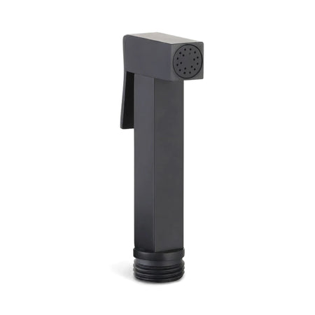 Black brass square bidet spray with a matte finish and modern design, shown vertically.