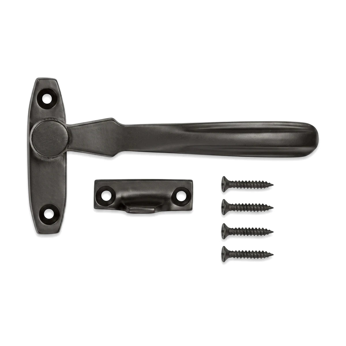 Black casement wedge fastener and strike plate with a curved handle, complete with four matching screws for locks and