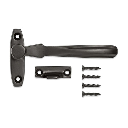 Black casement wedge fastener and strike plate with a curved handle, complete with four matching screws for locks and