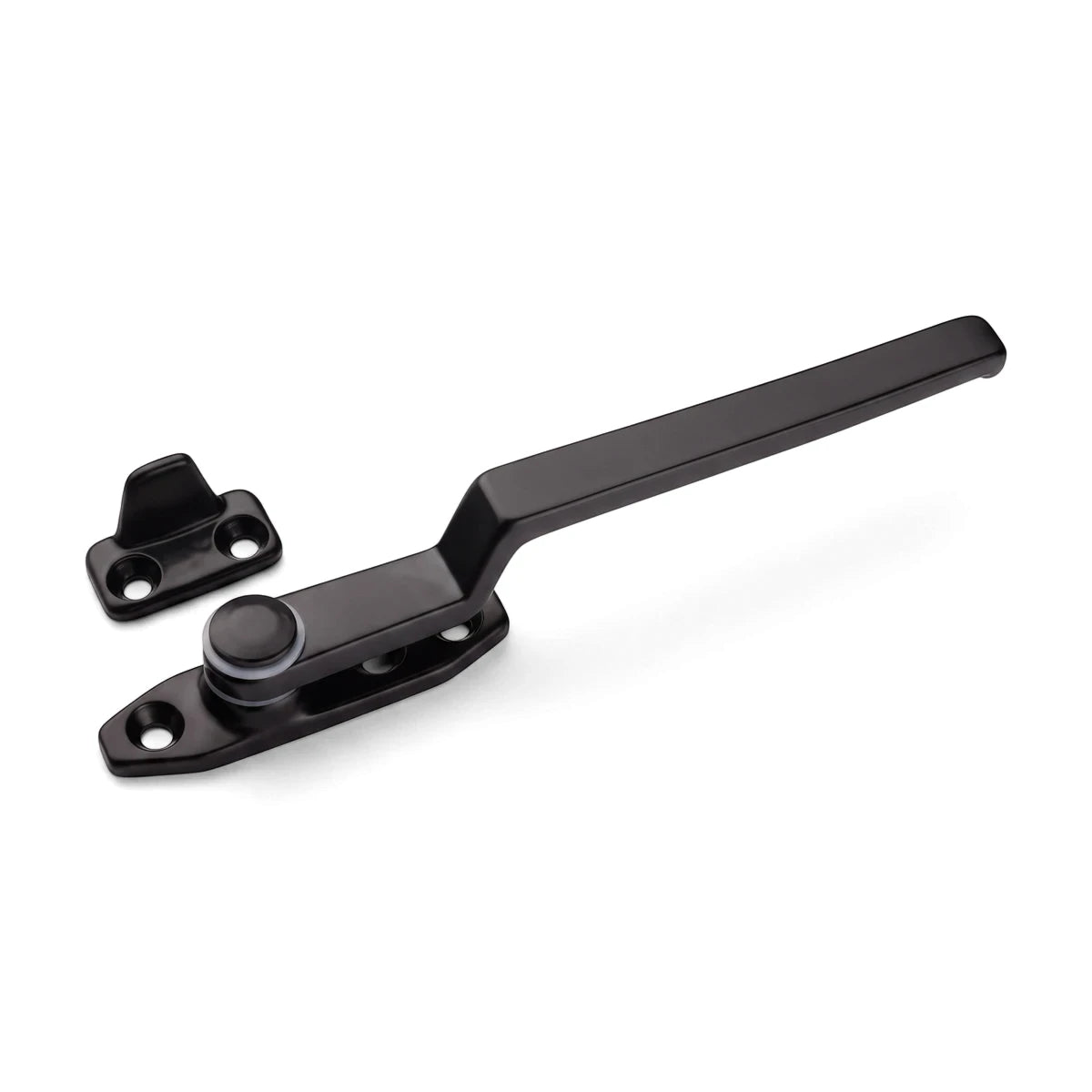 Black casement wedge fastener with a long lever and a separate catch for windows, featuring visible screw holes.
