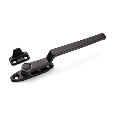Black casement wedge fastener with a long lever and a separate catch for windows, featuring visible screw holes.