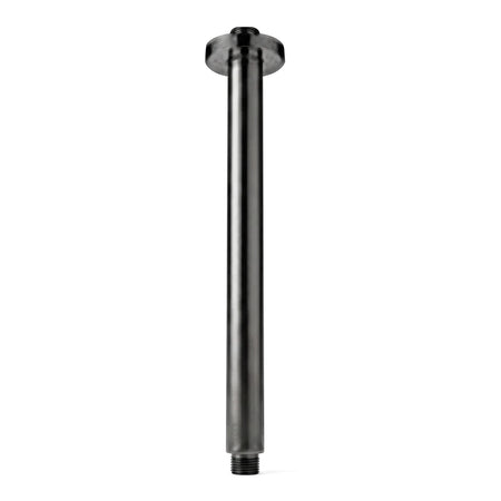Black ceiling mount shower arm with a sleek cylindrical design and a top escutcheon, made for overhead shower installations.