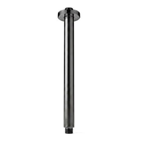 Black ceiling mount shower arm with a sleek cylindrical design and a top escutcheon, made for overhead shower installations.
