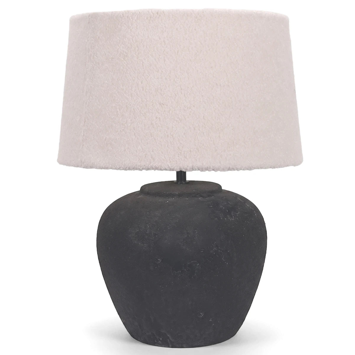 Black ceramic base table lamp with a textured cream fabric shade, perfect for ambient lighting.