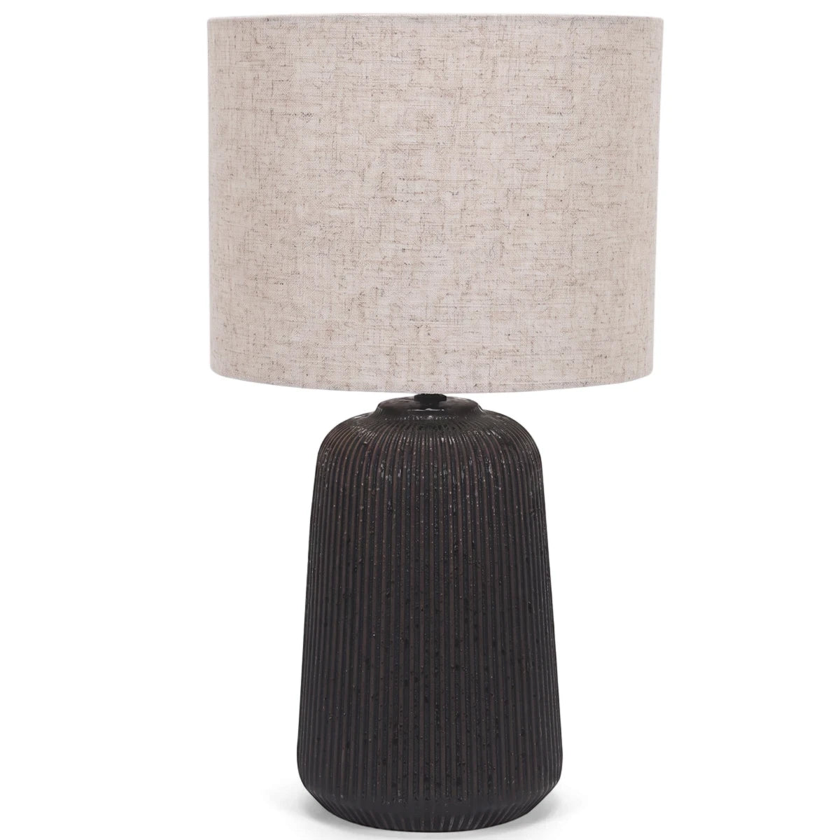 Black ceramic base table lamp with a textured vertical ridged base and a natural hessian fabric shade.