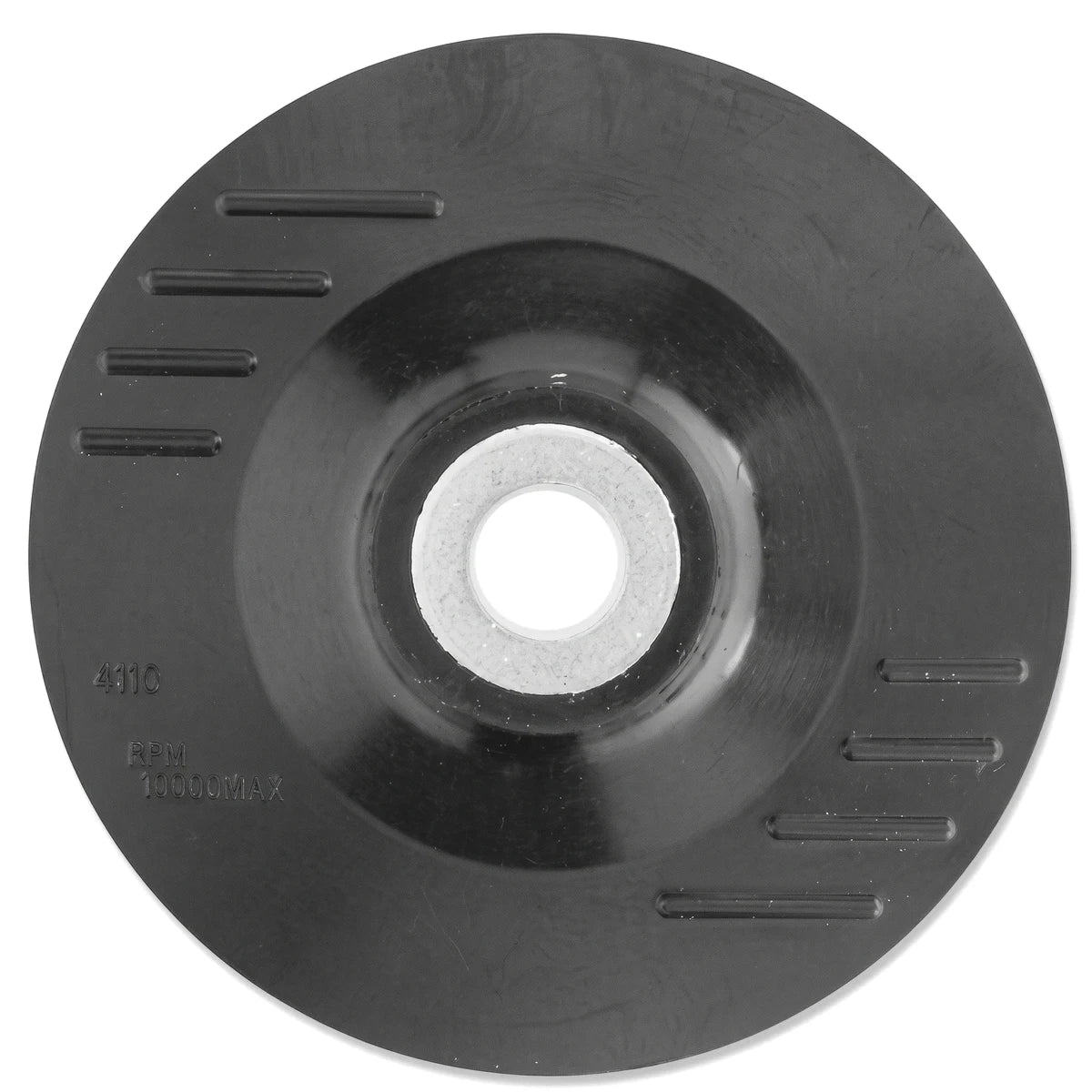 Black circular 178mm rubber sanding backing pad, viewed from the top, featuring a white central mounting ring and surface