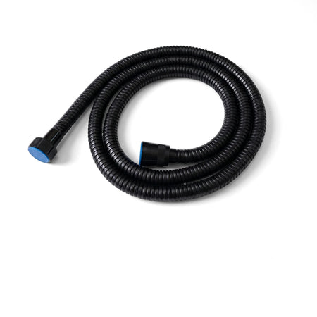A black coiled shower hose, 150 cm long, with distinct blue end connectors, suitable for various bathroom shower systems.