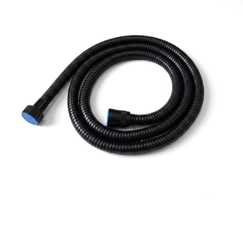 A black coiled shower hose, 150 cm long, with distinct blue end connectors, suitable for various bathroom shower systems.