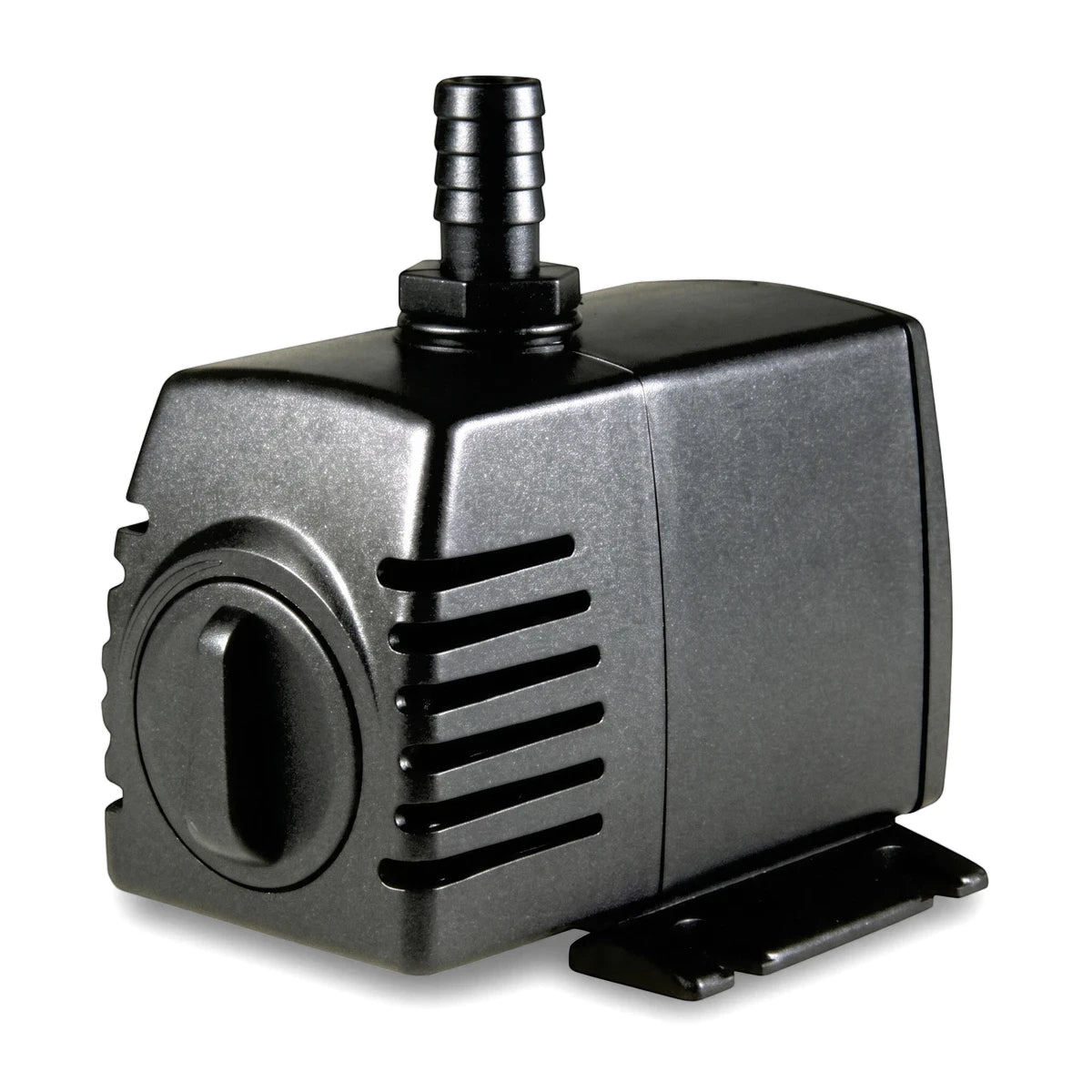 Black compact submersible fountain pump made of durable plastic, designed for aquariums or ponds, shown in a side view.