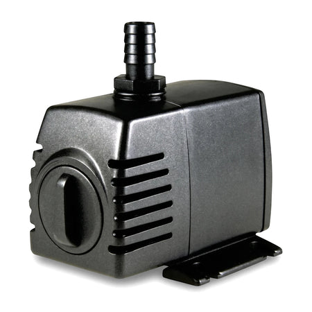 Black compact submersible fountain pump made of durable plastic, designed for aquariums or ponds, shown in a side view.
