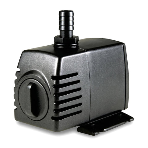 Black compact submersible fountain pump made of durable plastic, designed for aquariums or ponds, shown in a side view.