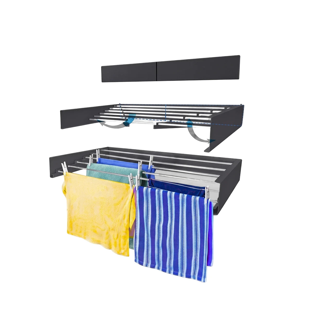 Black concealed drying rack shown in an exploded view of components and assembled holding colorful towels. Wall-mounted for