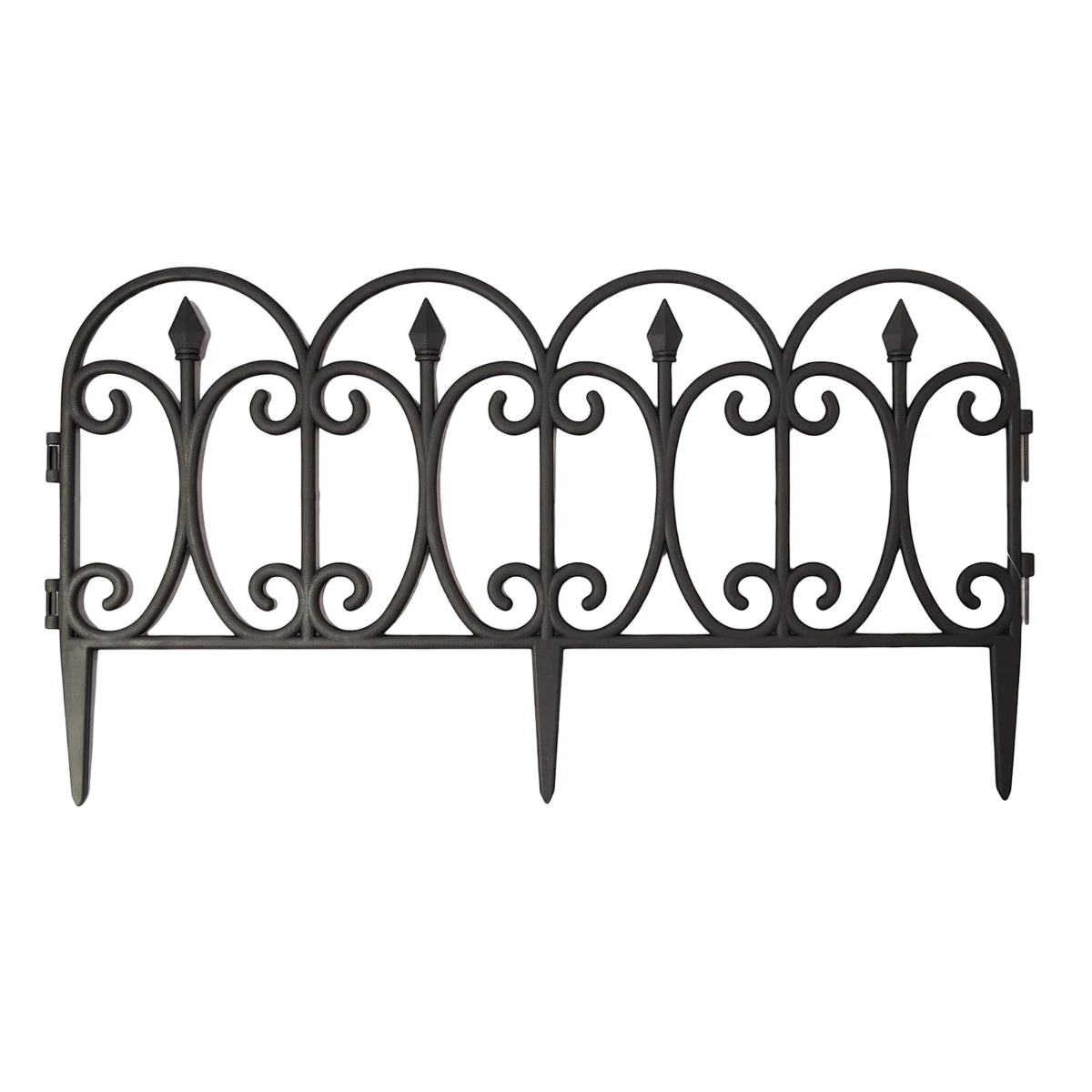Black curved plastic garden fence with ornate scrollwork design and pointed finials for landscape edging.