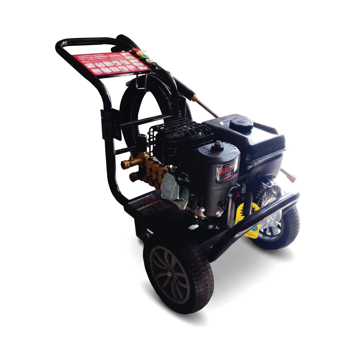 Black diesel high-pressure washer with manual start, 3000 PSI, featuring large wheels and a robust engine, shown at an angle.