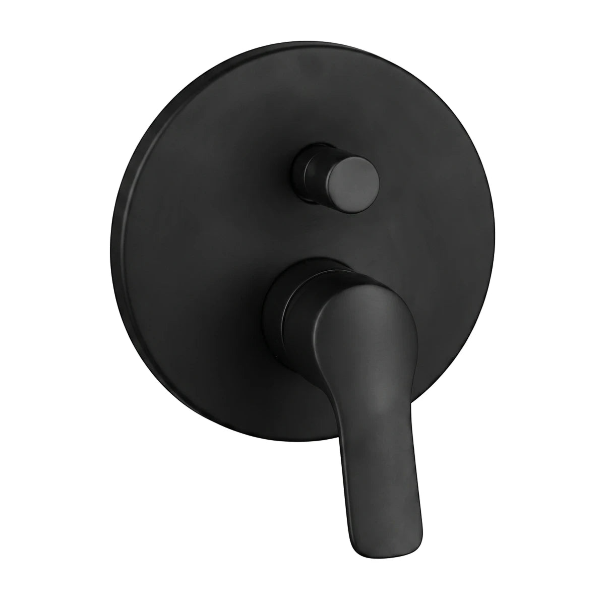 Black diverter button plumbing fitting with a matte finish and circular wall plate, shown from a front view.