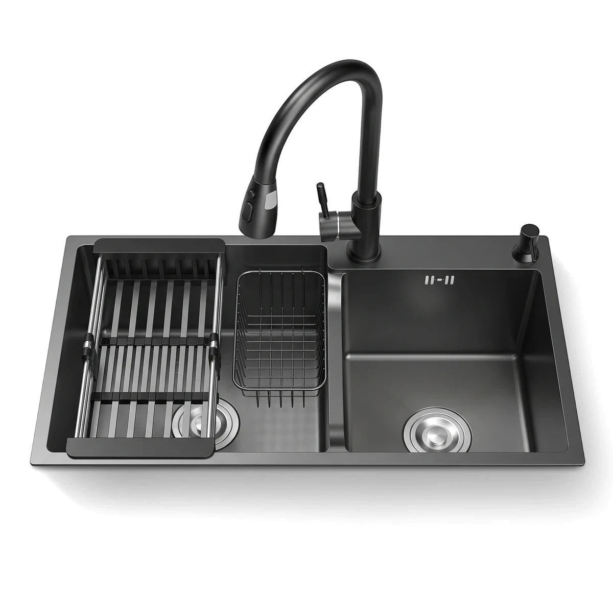 Black double kitchen sink with an integrated black faucet, dish drying rack, and cutting board accessories.