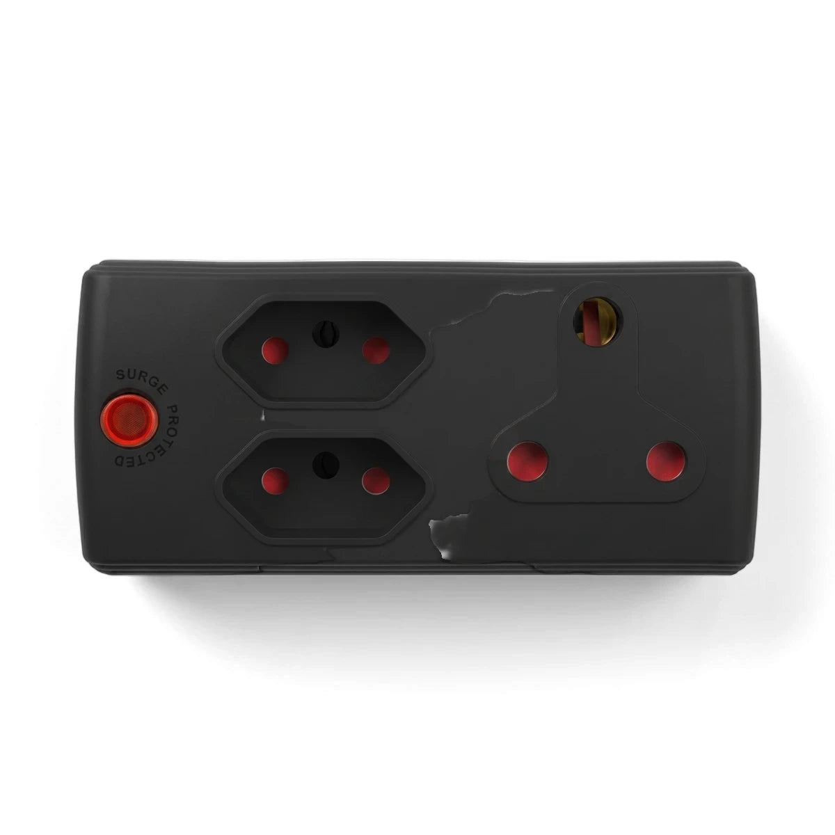 Black double-port Euro plug adapter with one UK socket and surge protection, shown from a top-down view.