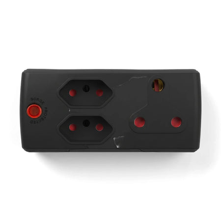 Black double-port Euro plug adapter with one UK socket and surge protection, shown from a top-down view.