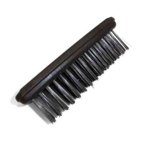 Top-down view of a black fine plastic bristle brush with dark grey bristles, designed for detailed cleaning tasks.