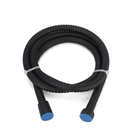 Black flexible corrugated hose, coiled with blue end caps, suitable for plumbing applications. Studio shot.
