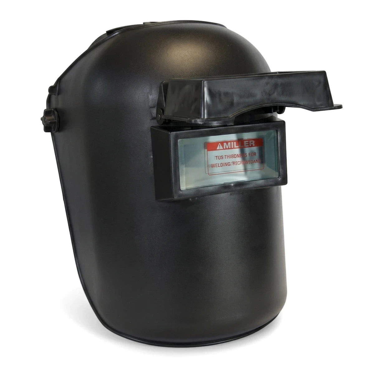 Black Flip Front Welding Helmet Standard, featuring a clear viewing area and adjustable headgear, photographed from a slight