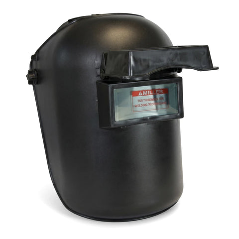 Black Flip Front Welding Helmet Standard, featuring a clear viewing area and adjustable headgear, photographed from a slight