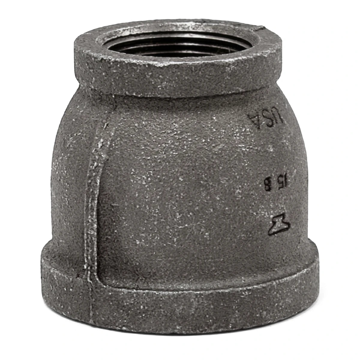 Black galvanized reducing socket pipe fitting, 1 1/2 inch by 1 inch, for plumbing and industrial applications.