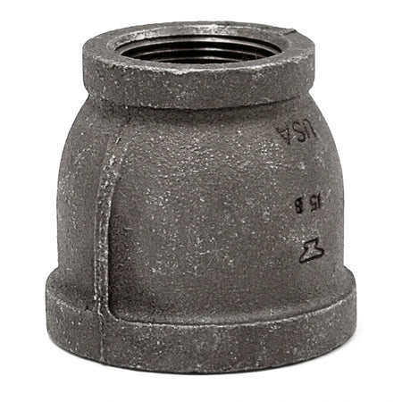 Black galvanized reducing socket pipe fitting, 1 1/2 inch by 1 inch, for plumbing and industrial applications.