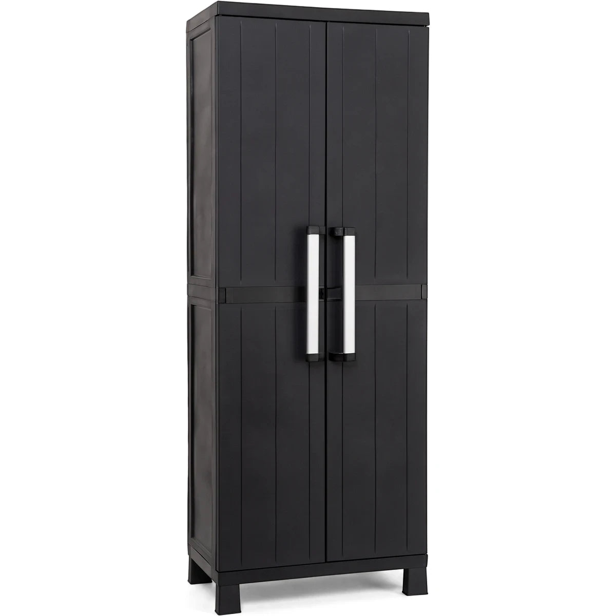 Black garage midi storage cabinet with two tall doors and silver handles, featuring interior shelves for organized storage.