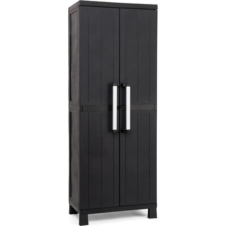 Black garage midi storage cabinet with two tall doors and silver handles, featuring interior shelves for organized storage.