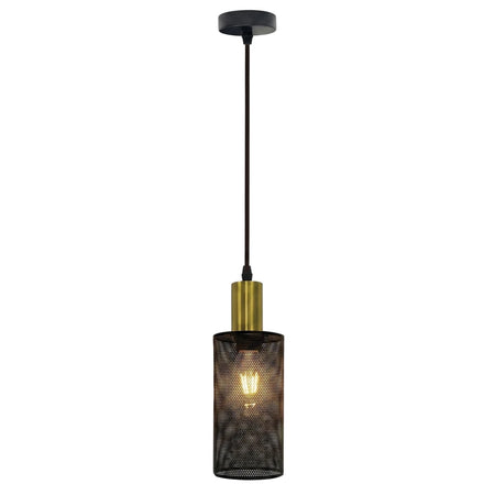 Black and gold metal pendant light featuring a perforated mesh shade, gold cylindrical fixture, and black ceiling plate.