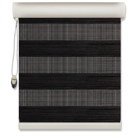 Black and gray striped zebra roller blind with a white headrail and silver pull chain for modern window coverage.