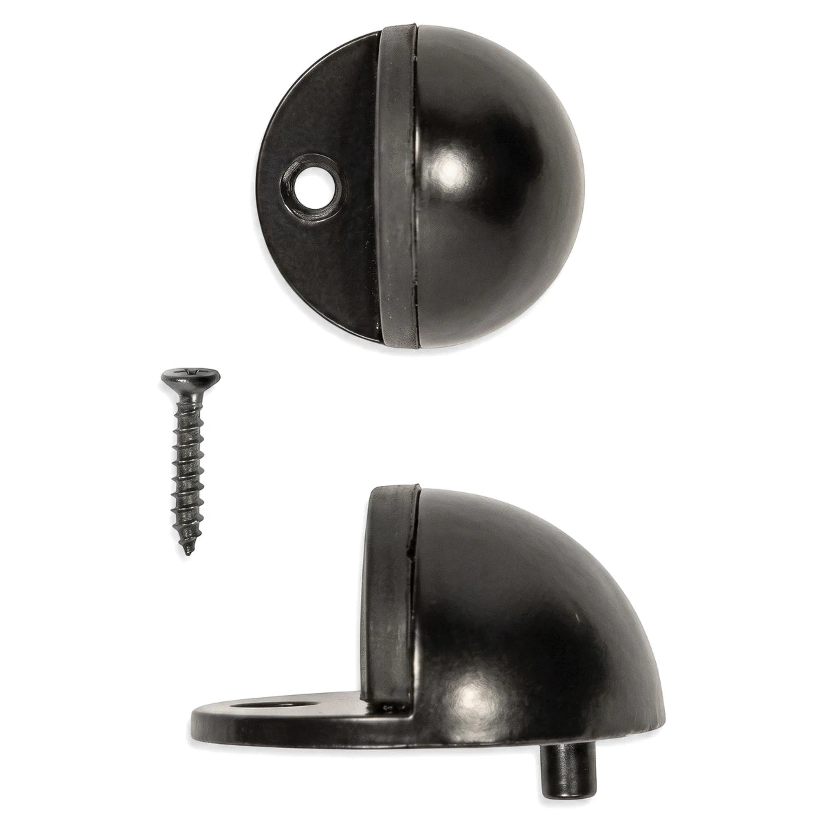 Black half-moon door stop shown from top and side views with a coordinating screw, designed for floor or wall mounting.