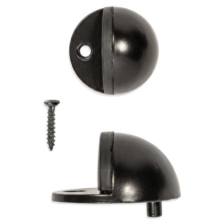 Black half-moon door stop shown from top and side views with a coordinating screw, designed for floor or wall mounting.