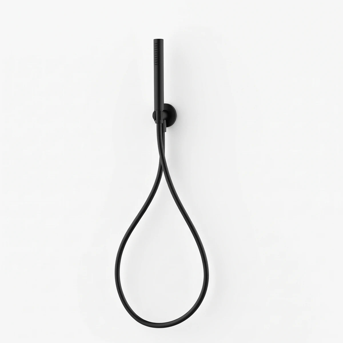 Black hand shower set with a round wall mount and flexible hose, displayed vertically on a white background.
