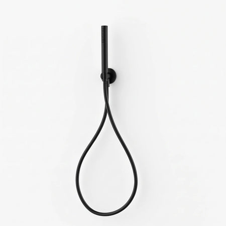 Black hand shower set with a round wall mount and flexible hose, displayed vertically on a white background.