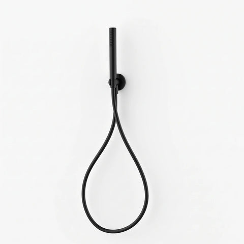 Black hand shower set with a round wall mount and flexible hose, displayed vertically on a white background.