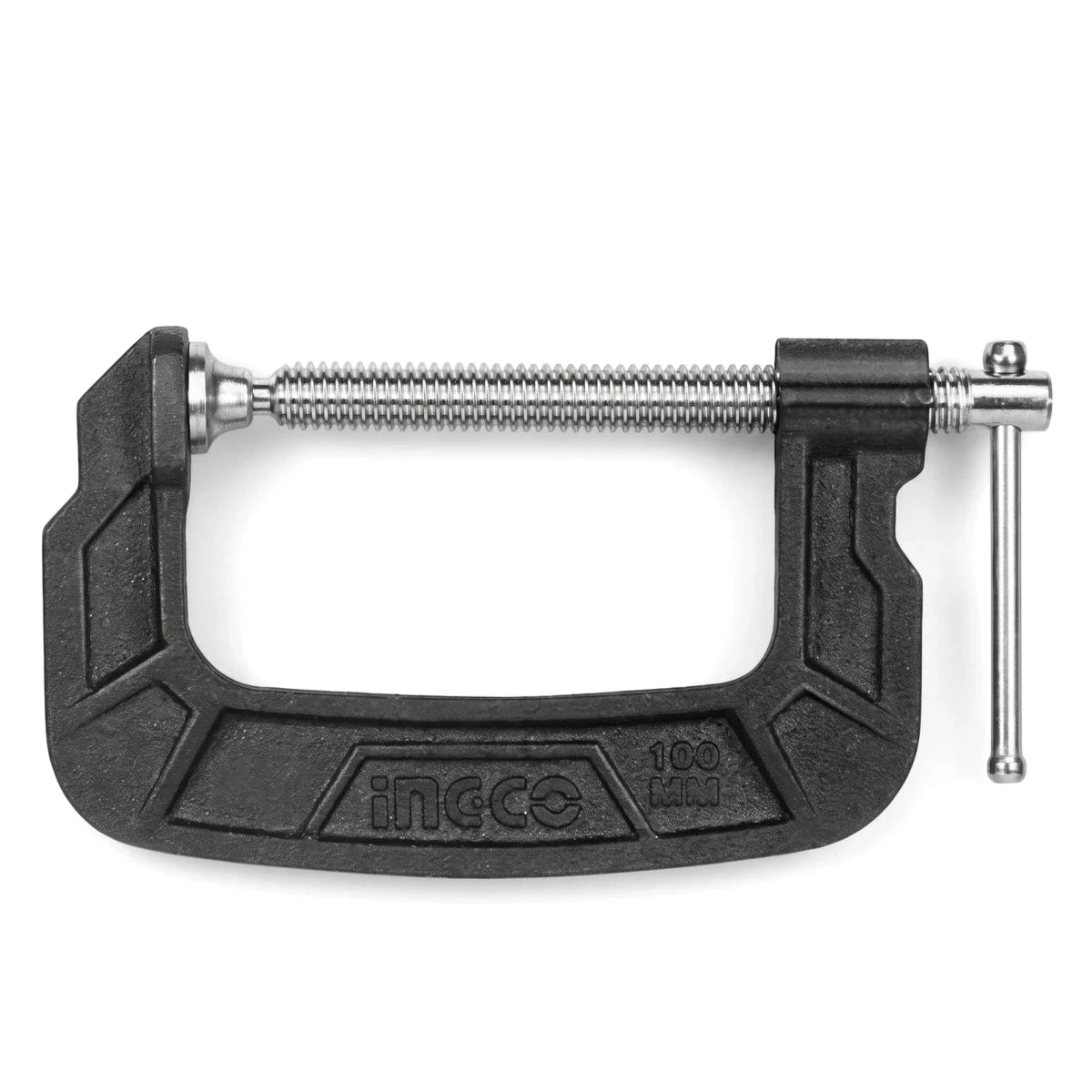 Black Ingco Cast Iron G-Clamp (150mm) for woodworking and general clamping, with a durable frame and metallic threaded screw.
